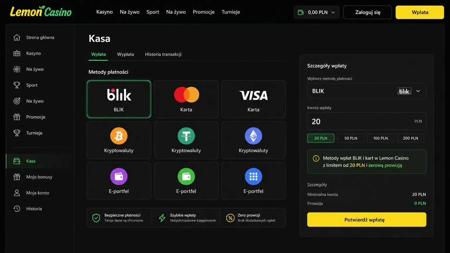 Wpłaty i wypłaty w Lemon Casino